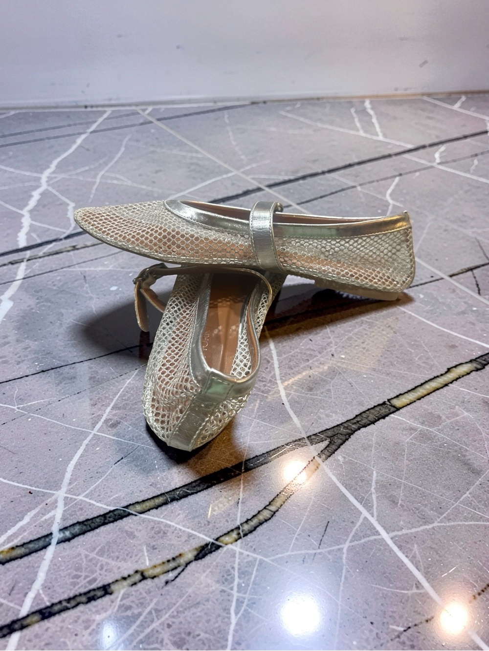 Women's Metallic Mesh Pointed-Toe Flats with Strap - Silver Emma New York BT11